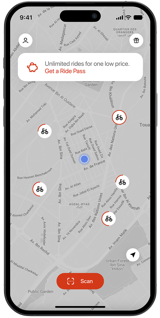 Mobile map interface showing bike locations, a blue user dot, and a red Scan button below.