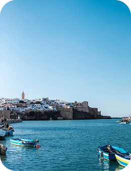 Blue boats floating on calm sea near a coastal town with white buildings under a clear sky.